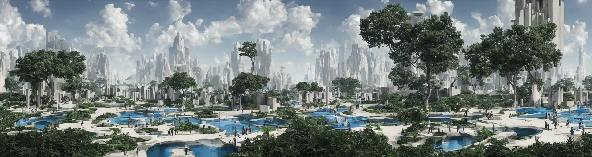 Prompt: geometric hanging garden based on the design of versailles in a megacity made of travertine brutalist temples, group of monks in blue robes wandering in the garden, large aluminum space elevators in the distance, sci-fi, blue sky with clouds, optimistic matte painting, concept art, style by syd mead, 8k, octane render