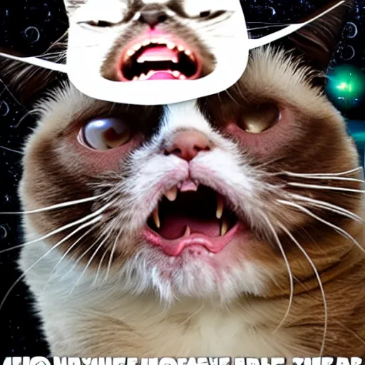 Prompt: a huge smile with grumpy cat, time and space bends when something covers her face