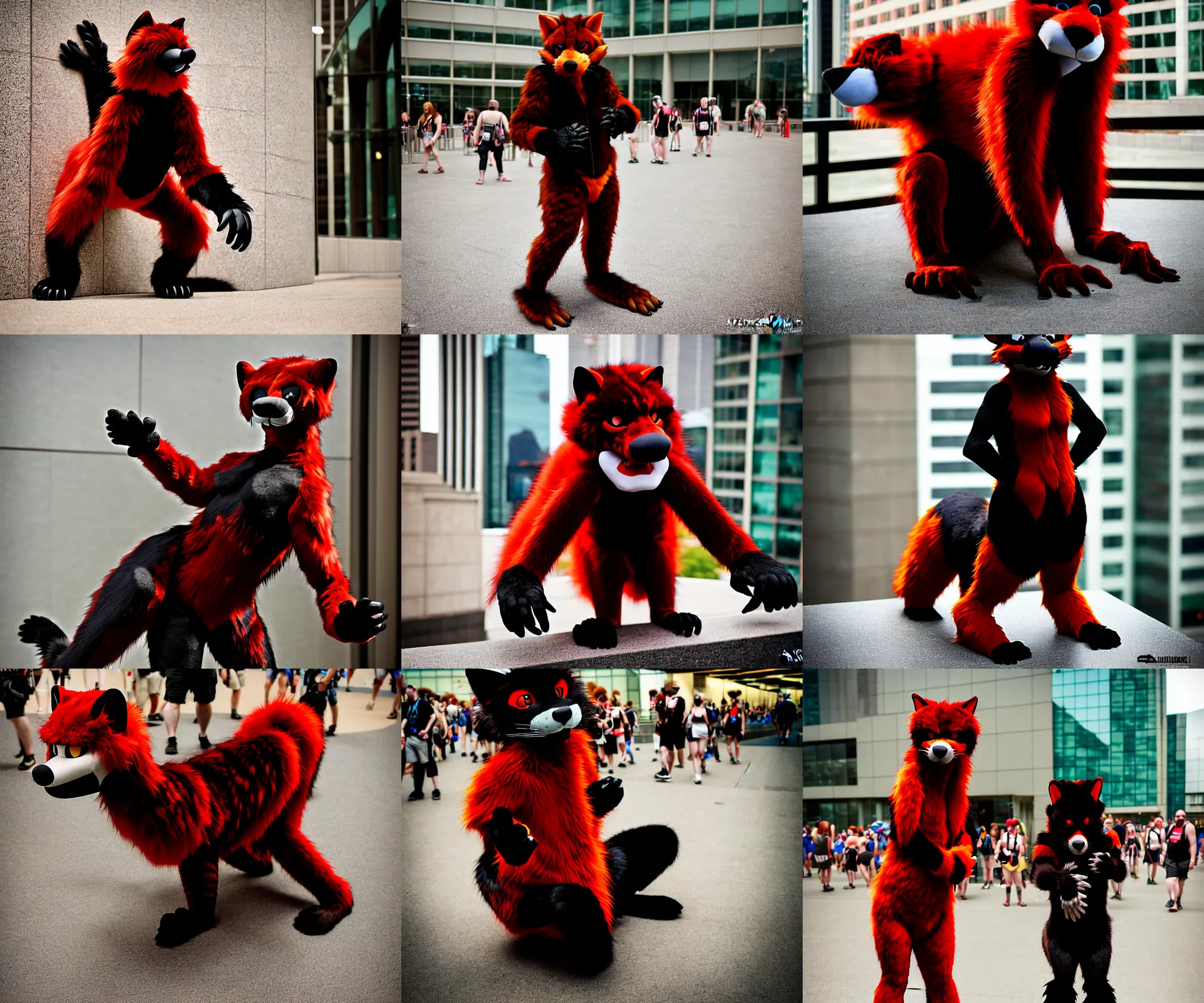 Prompt: fullbody photoshoot photo portrait of a roguish male red - black furred bipedal weasel furry fursona / fursuiter, photorealistic, taken at anthrocon ( furry convention )