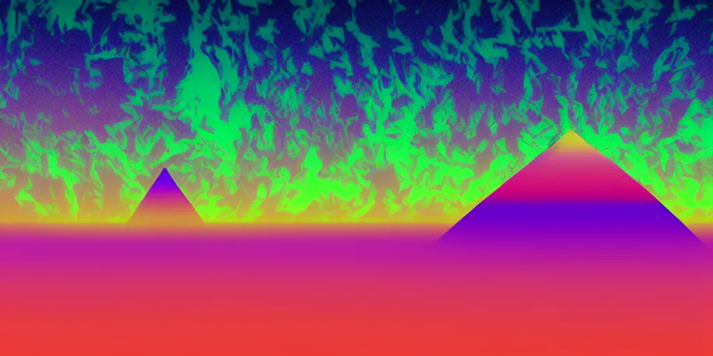 Image similar to purple digital desert, dawn, man in holographic coat, pyramids on the horizon, abstract holographic pastel, 1 9 8 0 s retro futuristic art, synthwave, vaporwave style