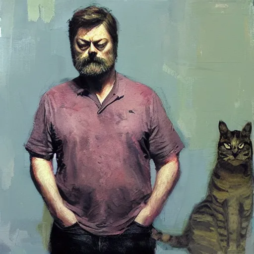 Image similar to nick offerman with cat body, jeremy mann painting