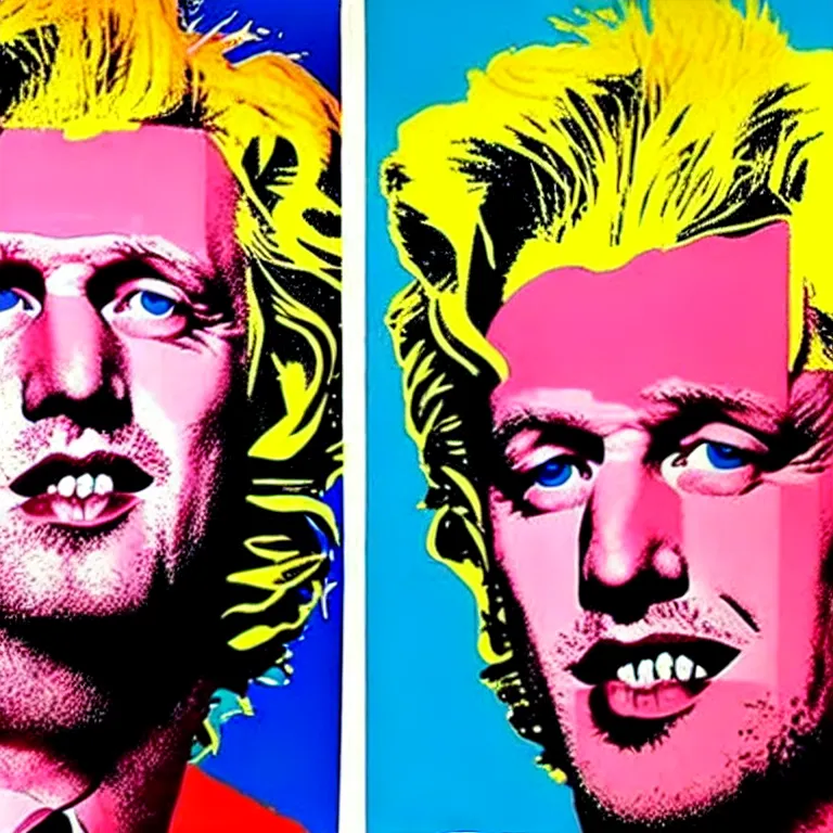 Image similar to epic professional digital painting of boris johnson with messy hair, repeated pattern in marilyn diptych by andy warhol, epic, stunning, gorgeous, much wow, masterpiece.