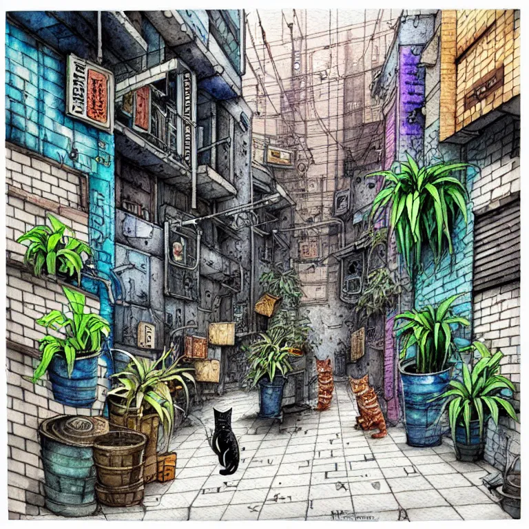 Image similar to an absurdly-detailed cyberpunk alleyway watercolor-calligraphy-pen drawing as a fancy square tile. Cats and Robots and Potted-Plants.