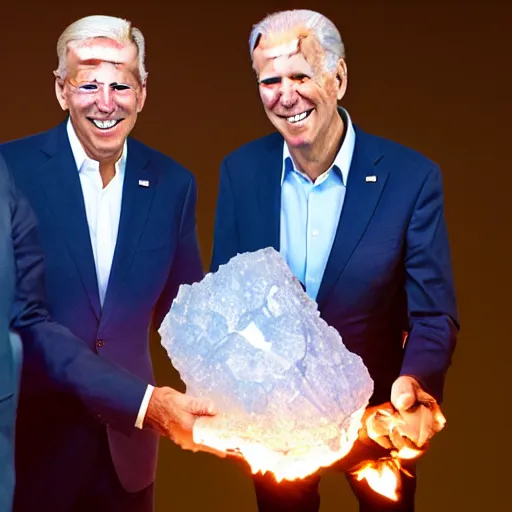 Prompt: UHD candid photo of Joe Biden and Hunter Biden holding up a giant flaming quartz crystal, UHD, photorealistic, correct face, photo by Annie Leibowitz