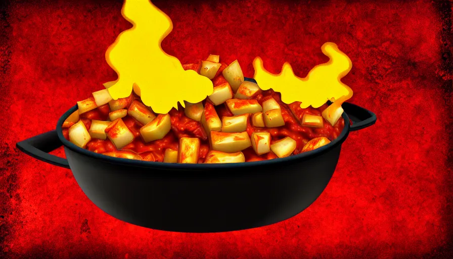 Prompt: poutine ( the canadian meal ) from mount doom, volcano texture, lava texture, fire texture, digital art, studio mir