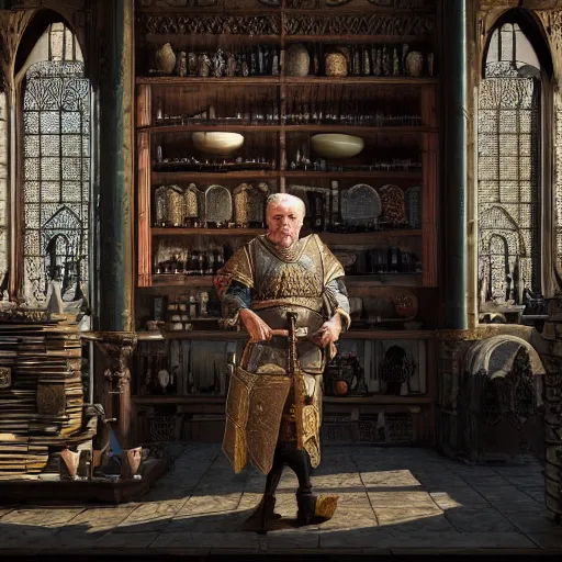 Image similar to full body portrait of Dennis hopper as a devious medieval lord standing on the right inside a big medieval Shop with tall windowpane, shelves full of medieval goods, morning light, dramatic lighting, high contrast, trending on artstation, style of midjourney, unreal engine, octane render, intricate details, 8k high definition, beauriful, ornate, hyperrealistic