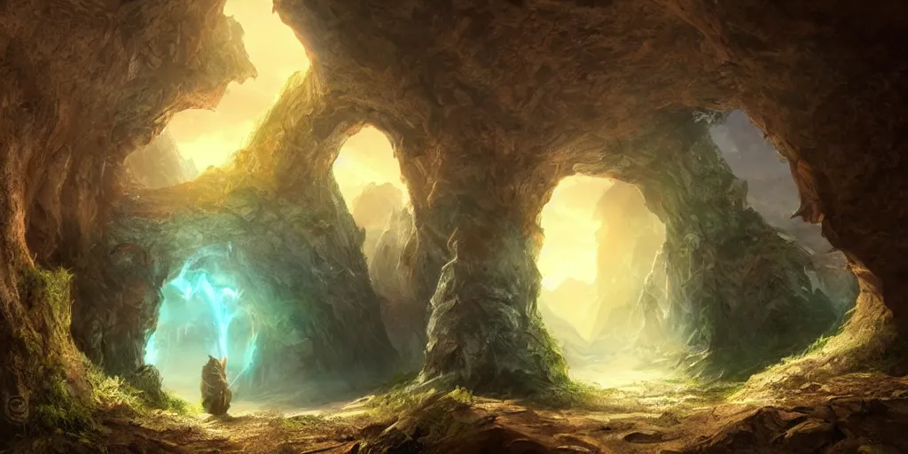 Image similar to beautiful matte painting of a fantasy cave entrance