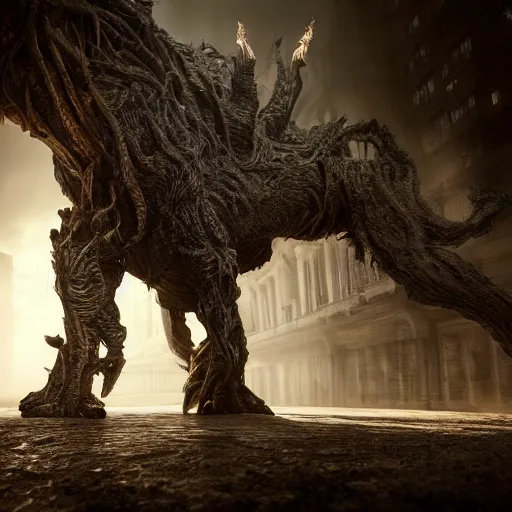 Image similar to full body pose, hyperrealistic photograph of the beast that lurks in the shadows, dim volumetric lighting, 8 k, octane beautifully detailed render, extremely hyper detailed, intricate, epic composition, cinematic lighting, masterpiece, trending on artstation, very very detailed, stunning, hdr, smooth, sharp focus, high resolution, award, winning photo, dslr, 5 0 mm