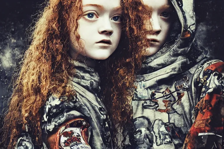 Image similar to sadie sink in a hoodie : runs fast. cyborg behind : runs fast. dirt, fantasy, soviet dystopian art by ayami kojima, vasnetsov, cedric peyravernay