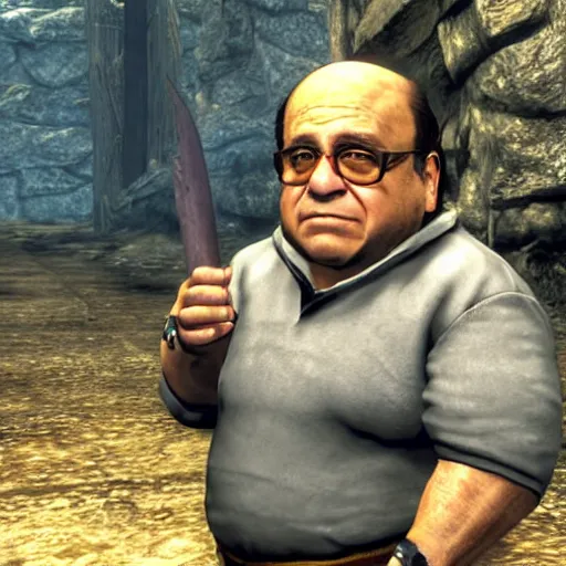 Image similar to a screenshot of danny devito in the video game skyrim. 3 d rendering, unreal engine. amazing likeness. very detailed. cartoon caricature