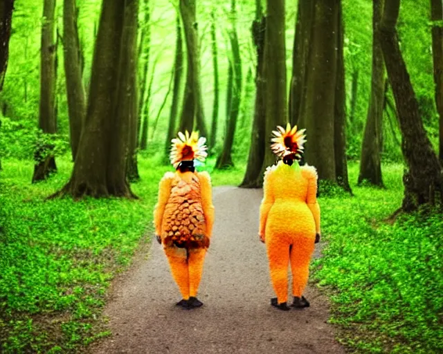 Prompt: cute pineapple people, walking in a forest