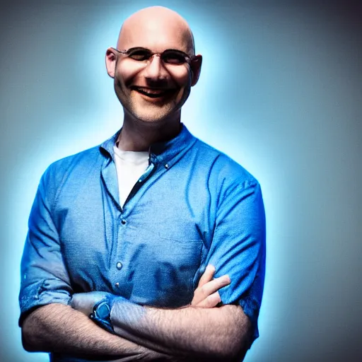 Prompt: handsome bald man smiling, dark room, blue and pink neon lights