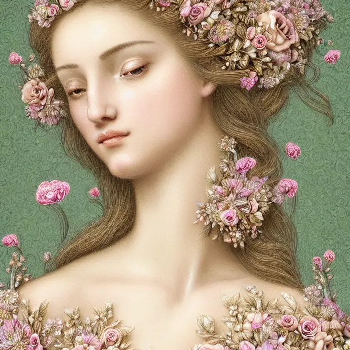 Image similar to photo portrait of a beautiful woman like a nymph - flowers - dressed in long elegant intricate ornamental ethereal floral dress, natural skin tone, highly detailed realistic flowers ornament in the upper side of breast, bust with a long beautiful neck , long blond hair are intricate with highly detailed realistic flowers, elegant, Realistic, Refined, Highly Detailed, natural soft pastel lighting colors scheme, fine art photography by Cecil Beaton, volumetric lighting, hyper realistic photography