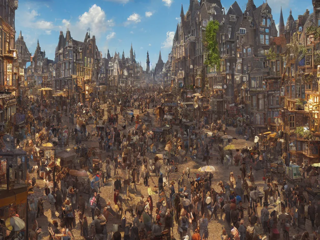 Prompt: streetview of a lively magical town during a festival, inspired by victorian england and amsterdam, sunny weather, highly detailed, intricate, digital painting, trending on artstation, concept art, matte painting, art by greg rutkwowski, craig mullins, octane render, 8 k, unreal engine