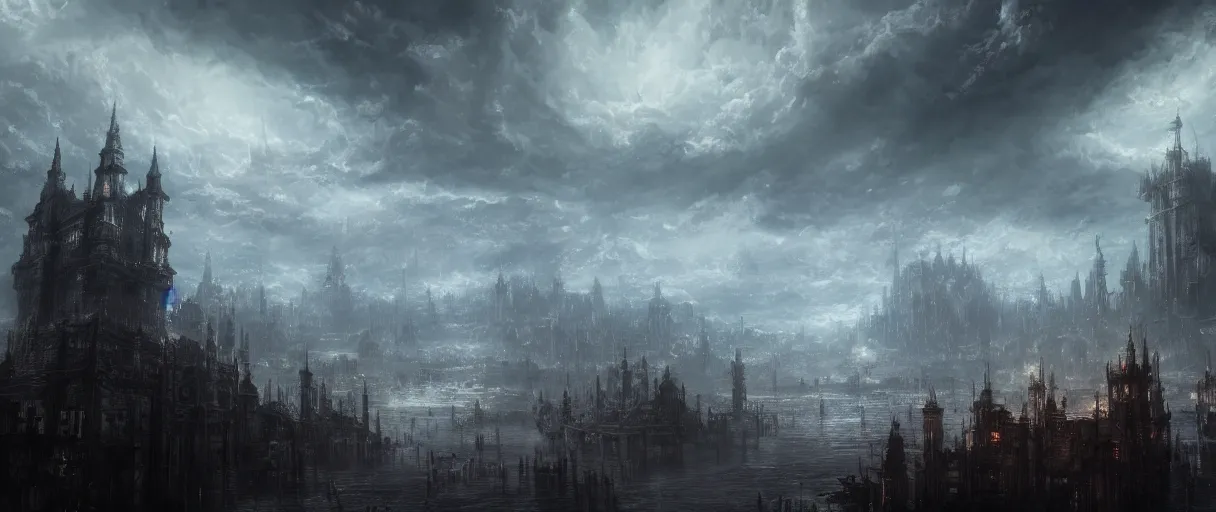 Image similar to large floating cities on top of huge floating islands, terrain visible from beneath, in the clouds, concept art, digital painting, in the style of Bloodborne, dark souls, demon souls, dark, night time, volumetric lighting, large scale, high detail, trending on art station, view from afar