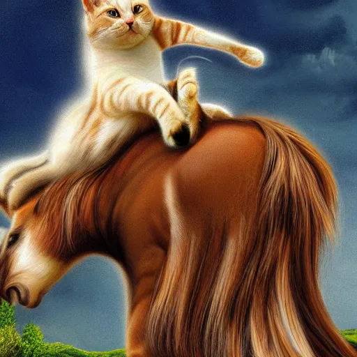 Image similar to a cat riding on a horses back, photorealistic art, high definition