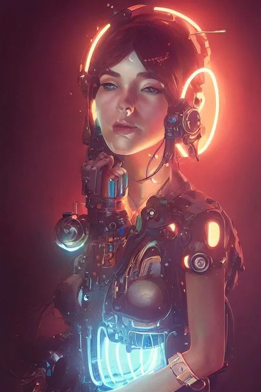 Prompt: portrait of a steampunk girl with mechanical parts and neon light by Artgerm and Greg Rutkowski , digital painting, highly detailed, trending on artstation