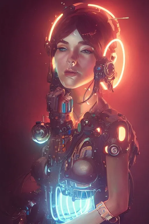 Image similar to portrait of a steampunk girl with mechanical parts and neon light by Artgerm and Greg Rutkowski , digital painting, highly detailed, trending on artstation