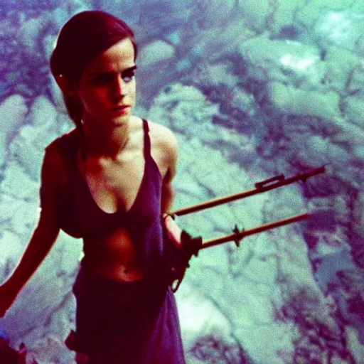 Image similar to film still, aerial view, extreme far view, emma watson vietnam door gunner, film still from apocalypse now ( 1 9 7 9 ), 2 6 mm, kodak ektachrome, blue tint expired film,