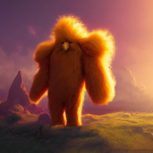 Prompt: colossal fluffy rick, golden hour, fantasy, vivid colors, sharp focus, digital art, hyper - realistic, 4 k, unreal engine, highly detailed, hd, dramatic lighting by brom, trending on artstation