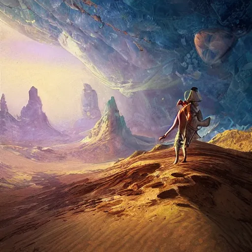 Image similar to A fresco painting of a nomadic wanderer traversing a corrupted futuristic crystal desert, intricate landscape, by Jacek Yurka, Kelly Freas, Filip Hodas, Paul Lehr