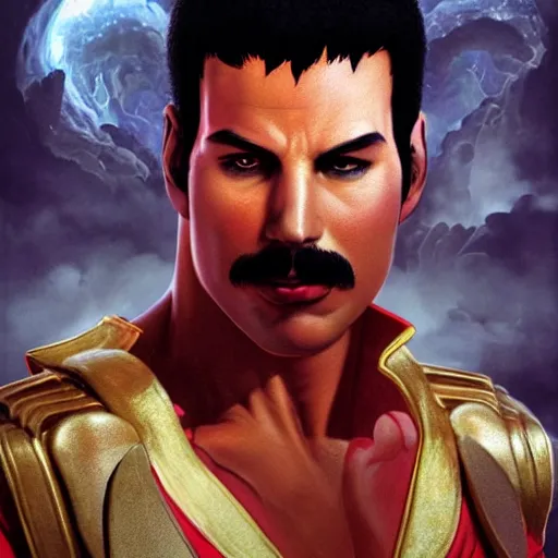 Image similar to freddy mercury as ryu street fighter, portrait, ultra realistic, concept art, intricate details, highly detailed, photorealistic, octane render, 8 k, unreal engine, art by frank frazetta, simon bisley, brom