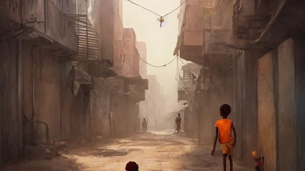 Image similar to alley in a big african city, a lonely kid, summer, david febland, artstation, matte painting