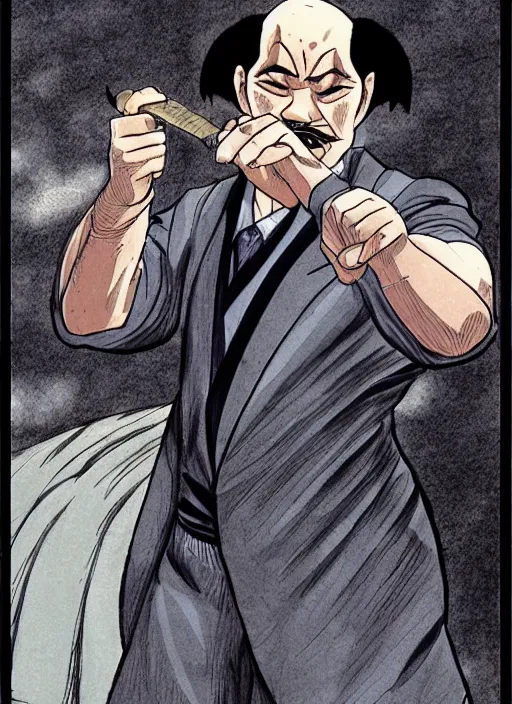 Image similar to heihachi dressed formally, smoking a cigar in the style of keisuke itagaki, manga illustration