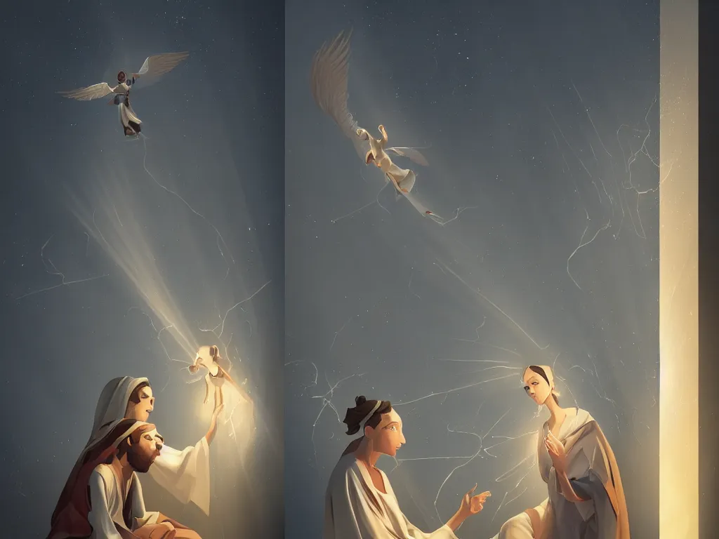 Image similar to the annunciation with mary on the left and archangel on the right, with a beam of light coming down from the top right towards mary on the left, by goro fujita, trending on artstation, 8k, highly detailed, digital graphic art