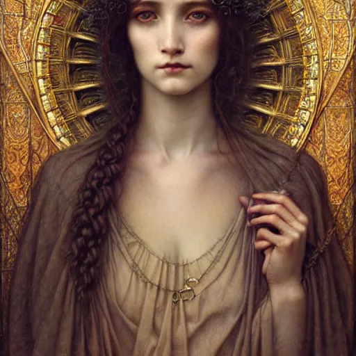 Image similar to detailed realistic beautiful young medieval queen face portrait by jean delville, tom bagshaw, brooke shaden, gustave dore and marco mazzoni, art nouveau, symbolist, visionary, gothic, pre - raphaelite, ornate gilded medieval icon, surreality