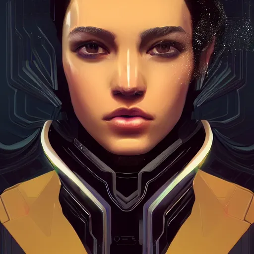 Image similar to portrait of a beautiful dark - haired androgynous space ranger, soft lightning, high detailed, intricate, elegant, smooth, sharp focus, cyberpunk, high contrast, artstation, art by valentina remenar and sora kim,