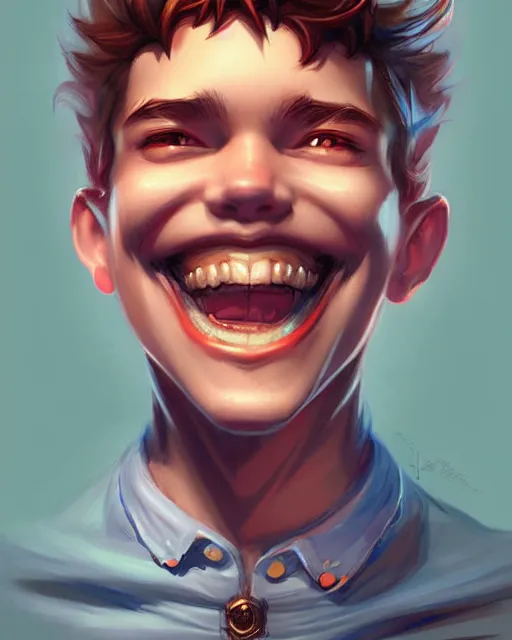 Image similar to digital art, fantasy portrait of a boy with a large smile, by James Jean and by artgerm, by ross tran , ultradetailed, charachter design, concept art, trending on artstation,