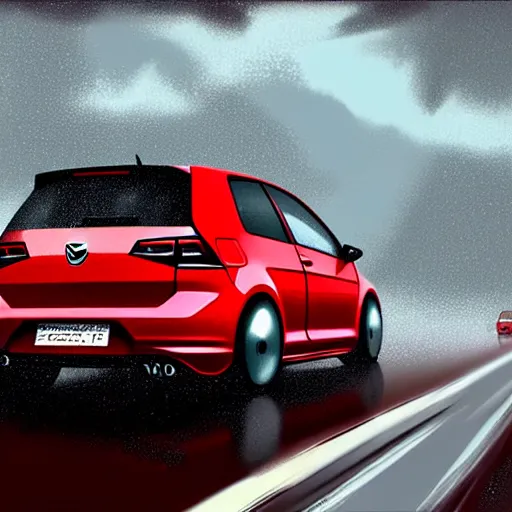 Image similar to vw golf gti speeding down a rain - soaked highway highly detailed, digital painting, concept art, sharp focus, by makoto shinkai