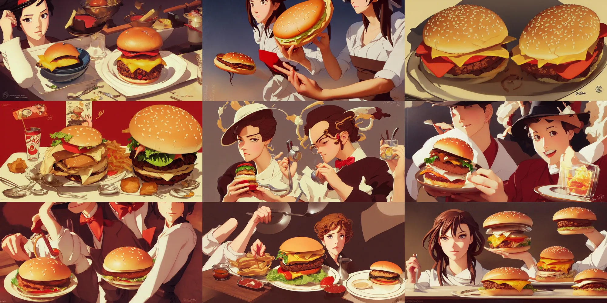 Prompt: hamburger, in the style of studio ghibli, j. c. leyendecker, greg rutkowski, artgerm