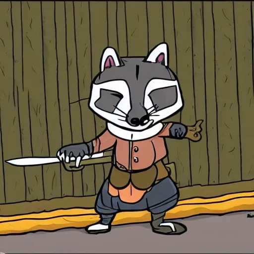 Prompt: Cartoon Raccoon having a sword fight over being called trash panda