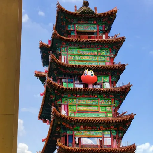 Prompt: defenestration of kirby in a traditional chinese tower