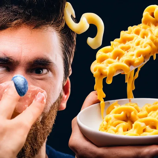 Prompt: a man with mac n' cheese streaming out of his eyes, nose, mouth and ears. photograph. delicious.