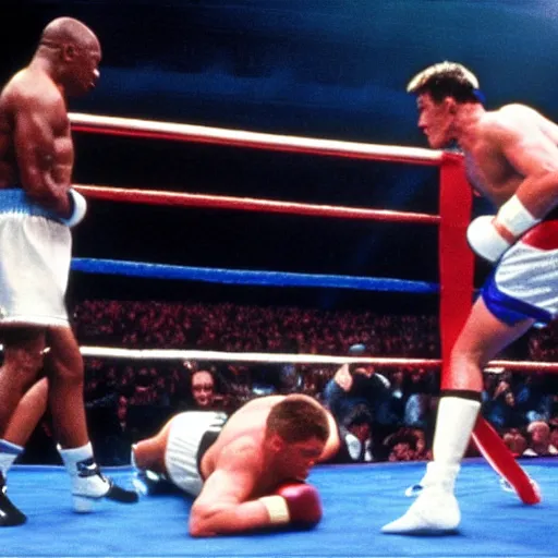 Image similar to mike tyson boxing ivan drago in a boxing ring in the movie rocky ii. movie still