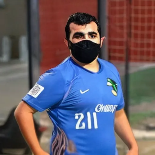 Image similar to overweight kurdish soccer player with face mask and great hair