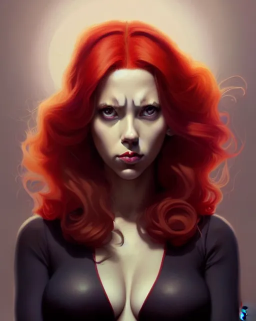 Image similar to peter mohrbacher, phil noto, artgerm, pretty scarlett johansson black widow, symmetrical eyes, long red hair