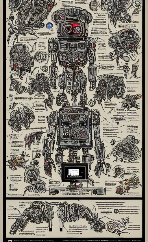 Image similar to anatomy of the terminator, robot, cyborg, t100, bloodborne diagrams, mystical, intricate ornamental tower floral flourishes, rule of thirds, technology meets fantasy, map, infographic, concept art, art station, style of wes anderson