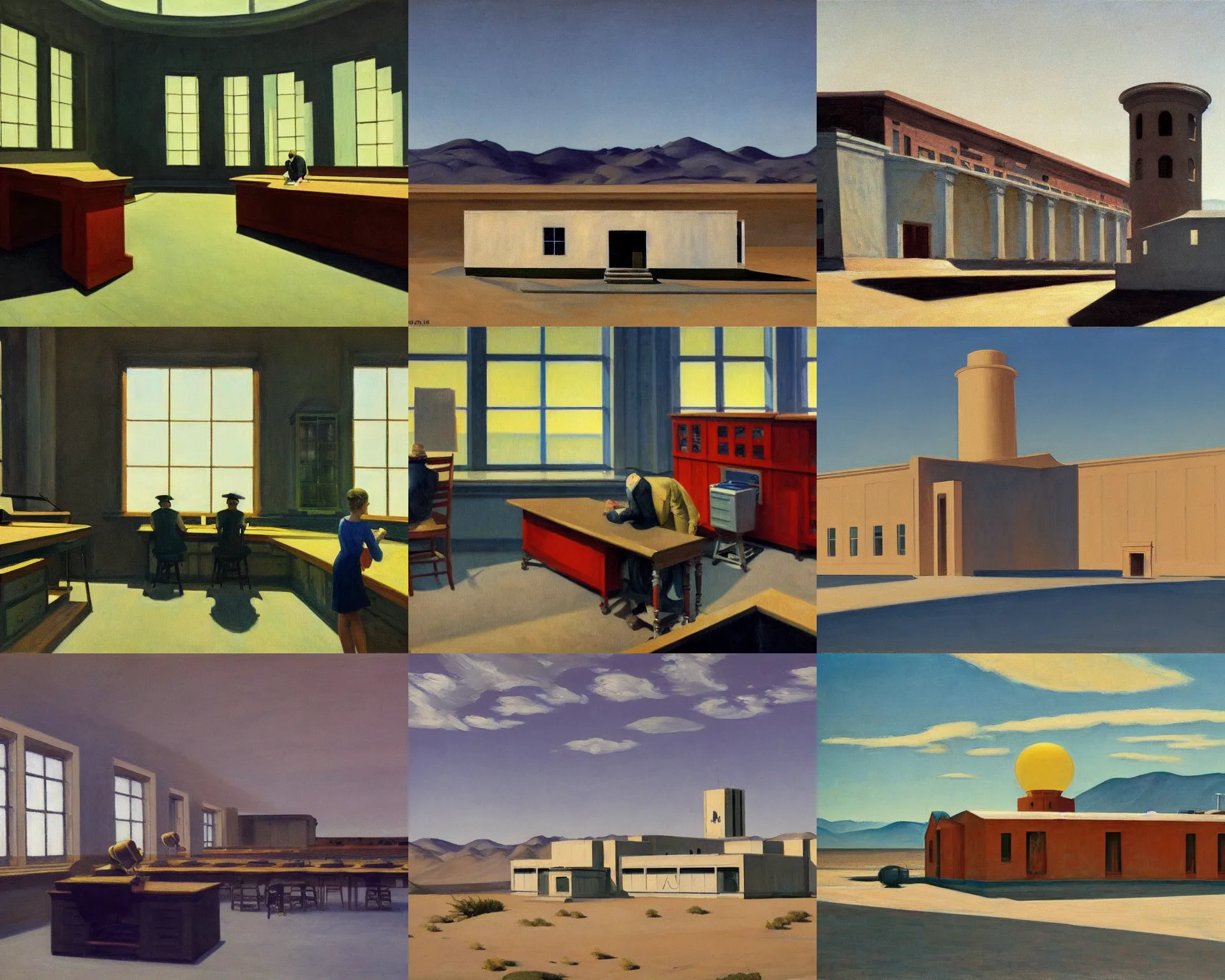 Prompt: a highly detailed painting by edward hopper of a mysterious government science lab in the middle of the great basin desert, built to research super powers. it has sat abandoned since the mid - 1 9 7 0 s.
