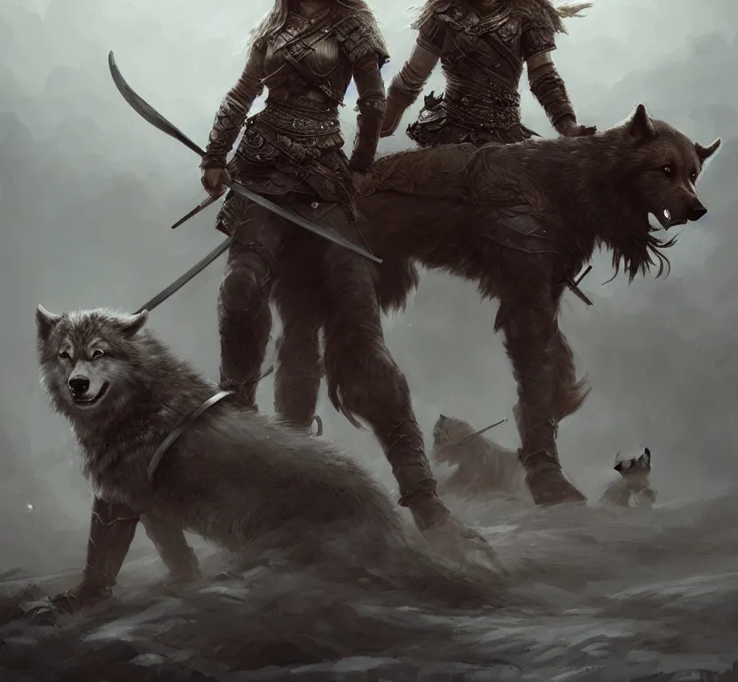 Image similar to a gorgeous!! woman resembling alicia vikander as a viking warrior accompanied by a dire wolf on the battlefield surrounded by the fallen | drawn by wlop, drawn by jeehyung lee, drawn by argerm | intricate, highly detailed, ultra graphics, digital painting, artstation