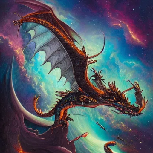 Image similar to a metallic bioluminescent alien dragon flying in outer space, epic nebula, Dan Seagrave art