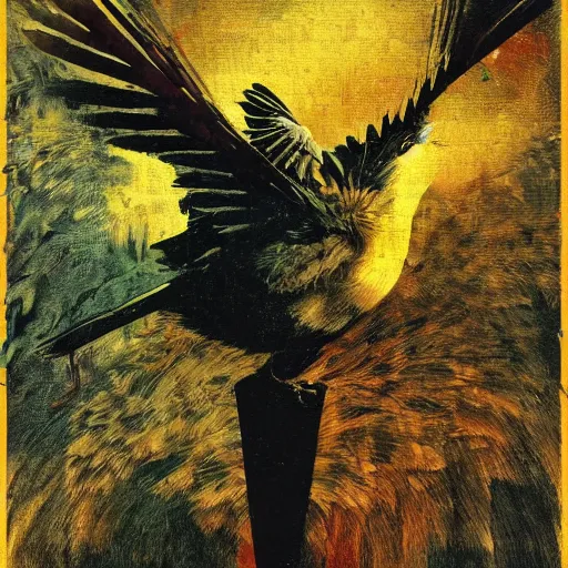 Prompt: the progressive rasterization of a bird from mechanical being to pixels, oil on canvas by dave mckean and ivan shishkin