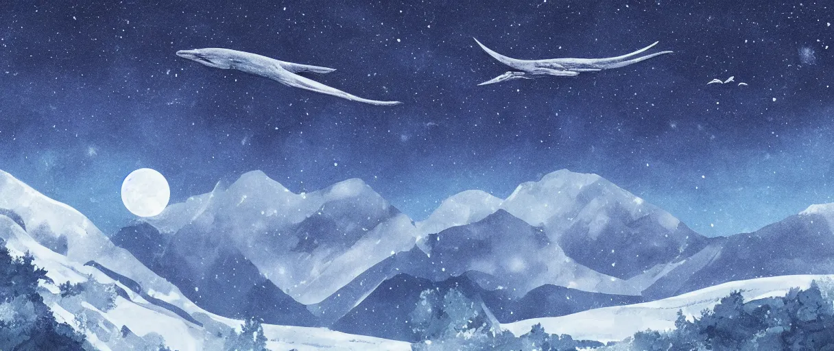 Prompt: blue whale flying in sky, above mountains, concept art, snow, starry sky, nighttime, full moon