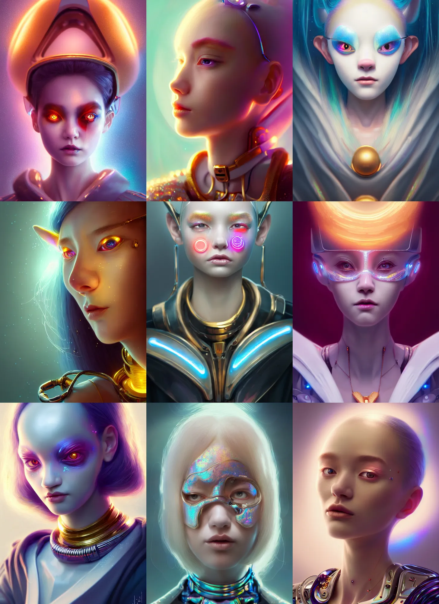 Prompt: pixar portrait 8 k photo, beautiful shiny white porcelain rich galactic iridescent clowncore cat japanese cyborg college girl, jewelry, golden ratio, sci fi, fantasy, cyberpunk, intricate, decadent, highly detailed, digital painting, octane render, artstation, concept art, smooth, sharp focus, illustration, art by loish, wlop