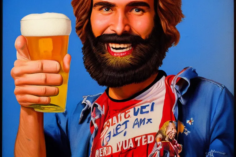 Image similar to a young man holding a beer giving a thumbs up with a long beard, airbrush painted, 80s poster, detailed, uncropped