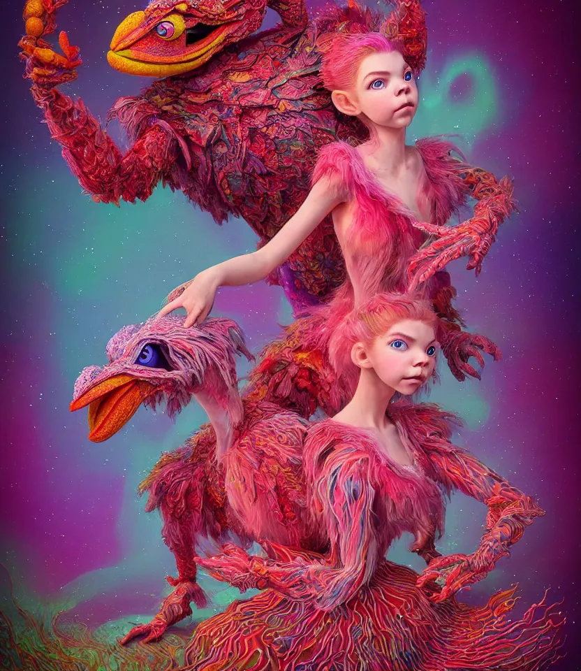 Image similar to hyper detailed 3d render like a Oil painting - kawaii portrait of two Aurora (a beautiful girl skeksis muppet fae princess protective playful expressive acrobatic from dark crystal that looks like Anya Taylor-Joy) seen red carpet photoshoot in UVIVF posing in scaly dress to Eat of the Strangling network of yellowcake aerochrome and milky Fruit and His delicate Hands hold of gossamer polyp blossoms bring iridescent fungal flowers whose spores black the foolish stars by Jacek Yerka, Ilya Kuvshinov, Mariusz Lewandowski, Houdini algorithmic generative render, golen ratio, Abstract brush strokes, Masterpiece, Edward Hopper and James Gilleard, Zdzislaw Beksinski, Mark Ryden, Wolfgang Lettl, hints of Yayoi Kasuma and Dr. Seuss, octane render, 8k