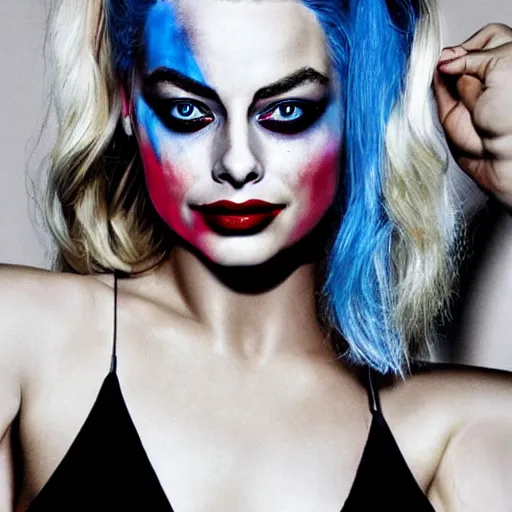 Image similar to beautiful margot robbie with harley quinn makeup, highly detailed, realistic face, amazing digital art